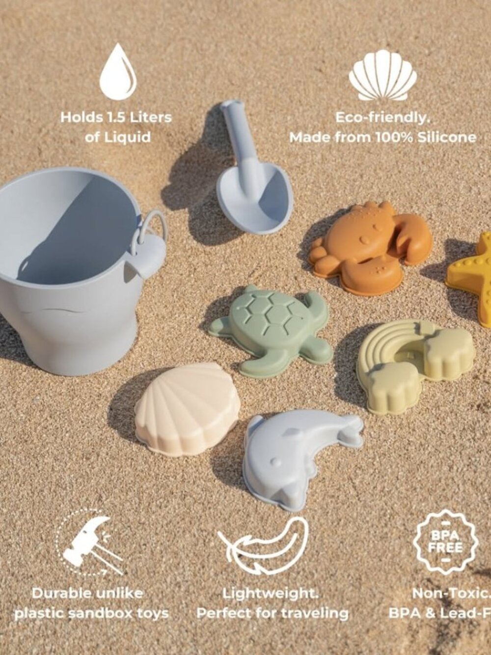 Beach Toy Set — Bucket, Shovel & 7 Molds (Soft, Safe, Modern)